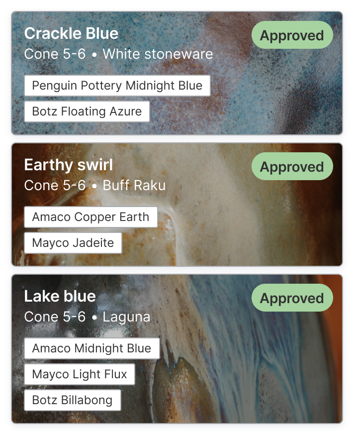 Approved glaze combinations tracked in Terranote